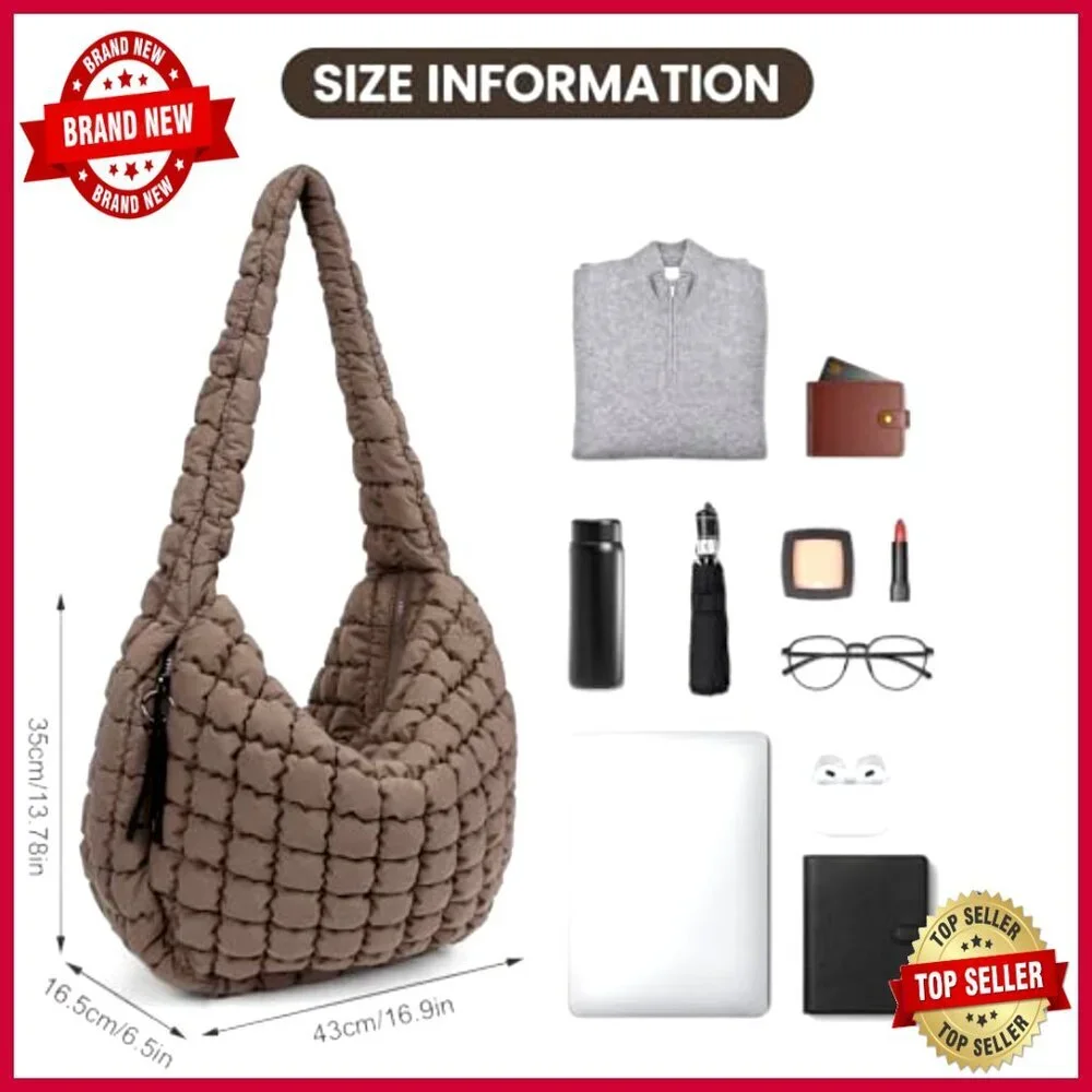 Large Quilted Puffer Tote Bag Lightweight Nylon Hobo Shoulder Bag